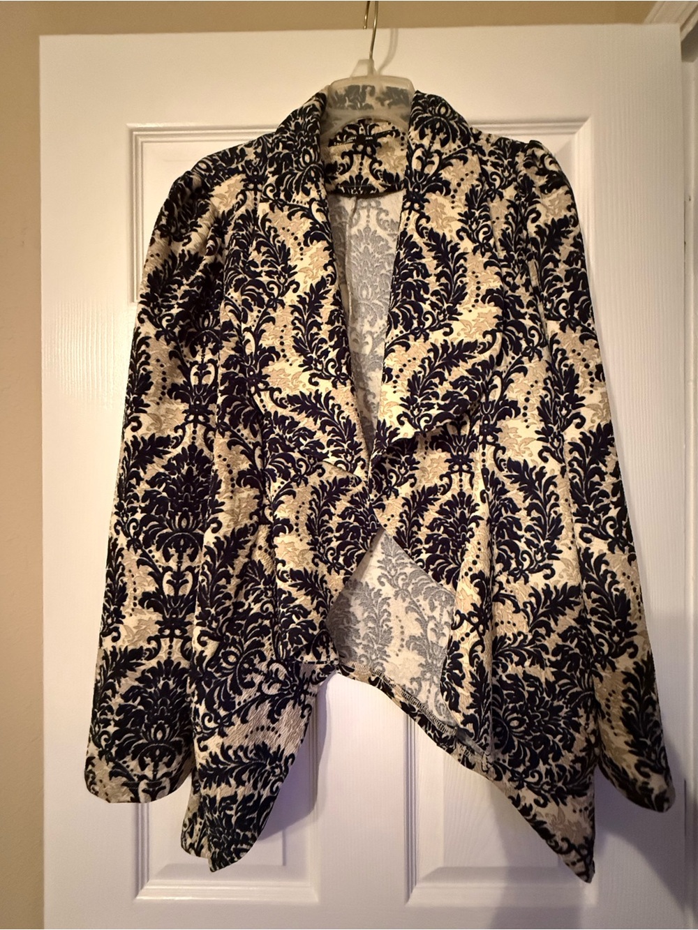 Navy and Cream Damask Open-Front Blazer